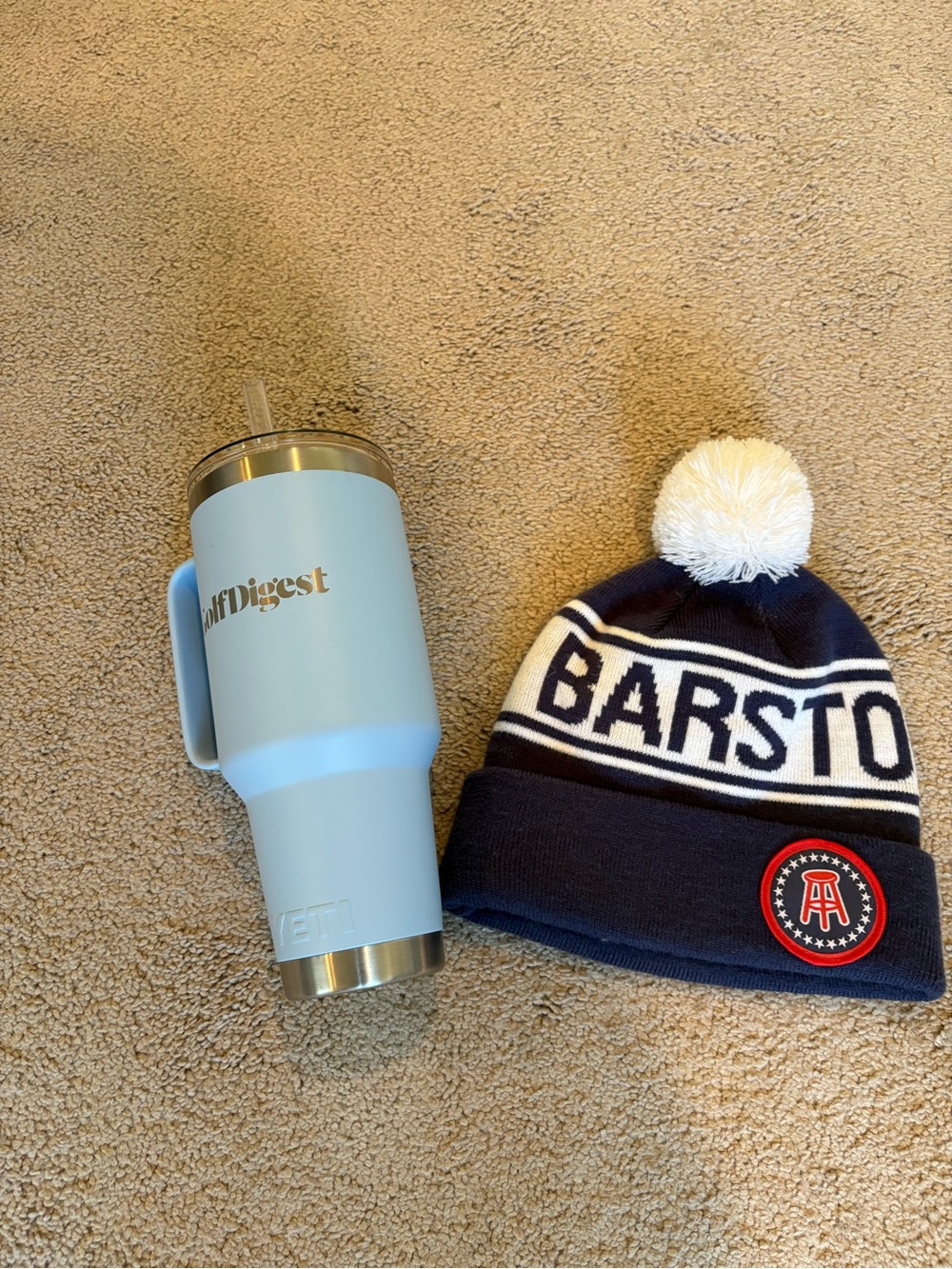 Yeti 35 oz Blue Stainless Steel Mug with Straw Lid and Barstool Golf Hat!